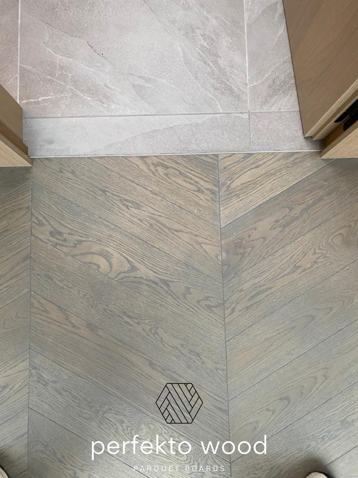 Engineered oak chevron flooring Geneva — Silver Grey finish on site PerfektoWood Lithuania