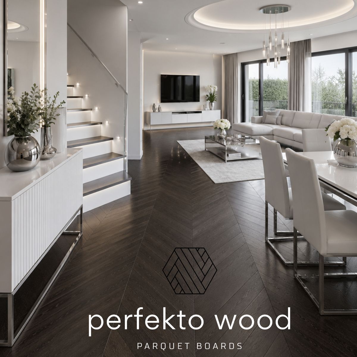 Lava black oak parquet chevron &mdash; darkest black pigmented color oil, interior project, PerfektoWood Lithuania