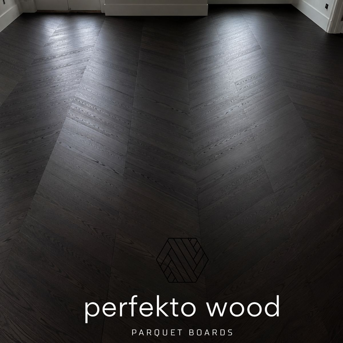 Lava black oak parquet chevron — near-black engineered oak, PerfektoWood Lithuania